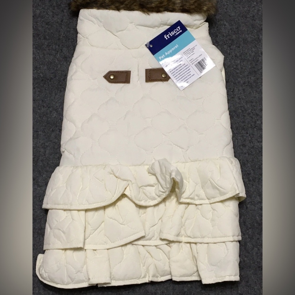 Frisco Pet Apparel M Dog / Cat Faux Fur Trim Cream Ruffle Vest Dress
